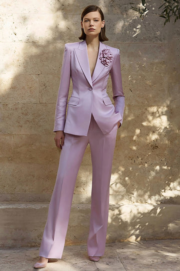2-Piece Lilac Peak Lapel Work Suit with 3D Flower